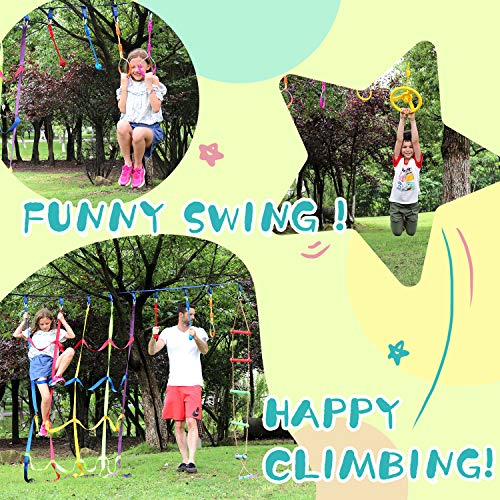 rainbow craft Ninja Line Obstacle Course - Heavy Duty Towing Strap Grade Ninjaline, Cargo Net, Ninja Wheel, Monkey Bar, Ninja Fists Holds & Ninja Rings - Kids Backyard Training Equipment Outdoor Play - Thumbnail 4