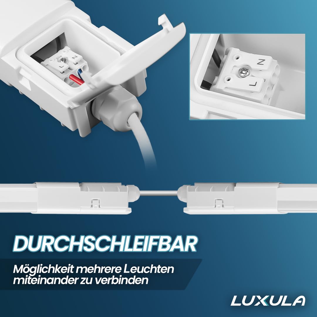 LUXULA 4x LED Feuchtraumleuchte 120 cm, 32W 3680lm, 115lm/W, durchschleifbar, Fast Connector, robuste Wannenleuchte für Garage Keller Werkstatt, gleichmäßige Ausleuchtung, einfache Montage