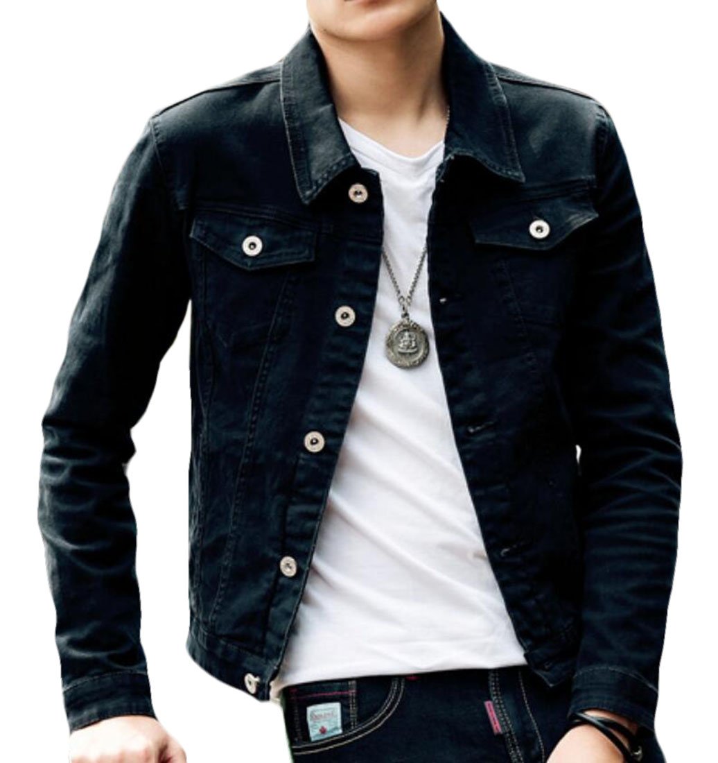 KLJR MenSlim Fit Denim Jacket Classic Button Down Trucker Jacket Black US M