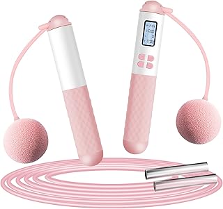 Skipping Rope with Counter, VINSOC 2 in 1 Adjustable Ropeless Digital Jump Rope with Calorie Counter, Non-Slip Handles, Weighted Handles Speed Rope for Men Women Adult Kids, Exercise - Pink