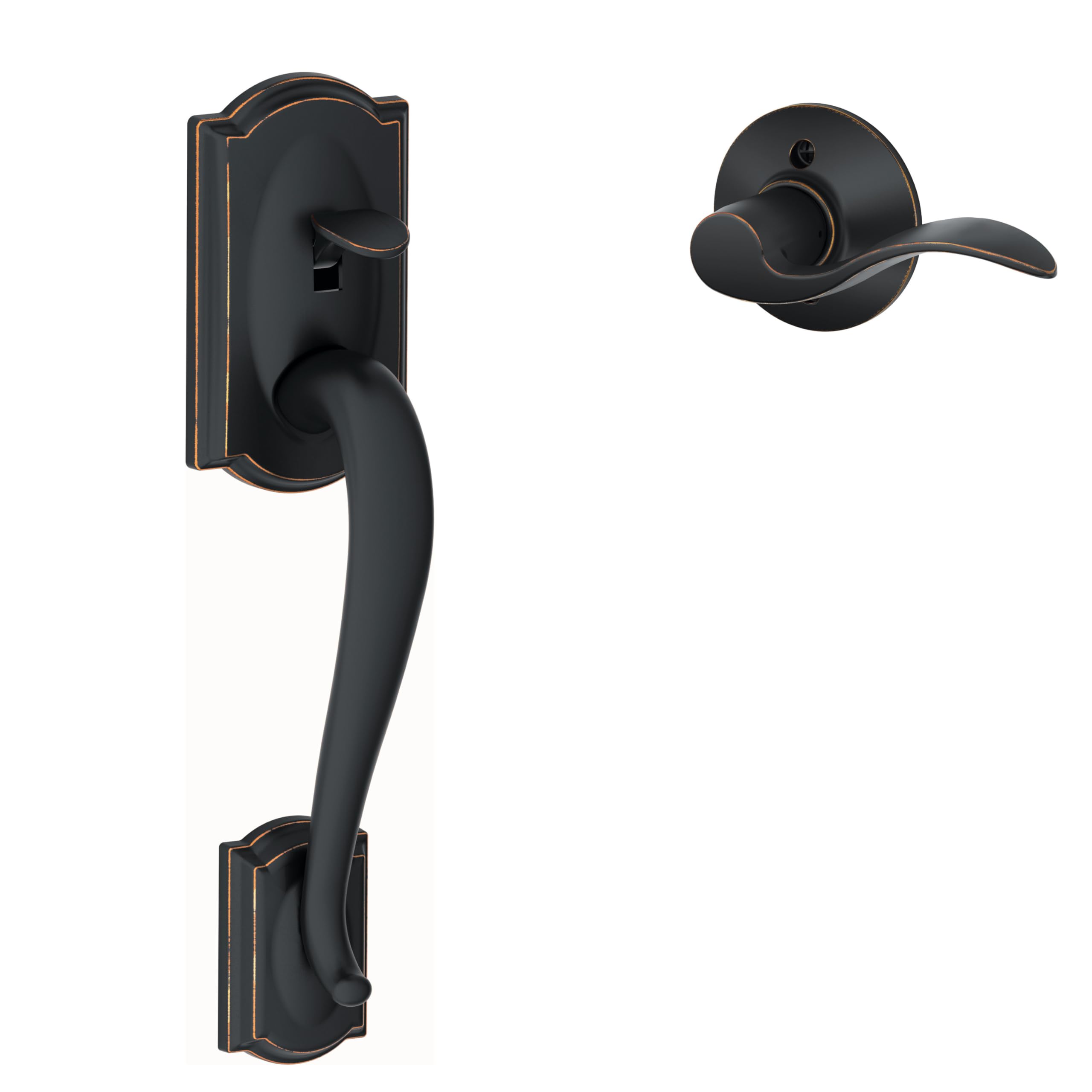 Schlage FE285 CAM 716 ACC LH Camelot Front Entry Handleset with Left-Handed Accent Lever, Lower Half Grip, Aged Bronze