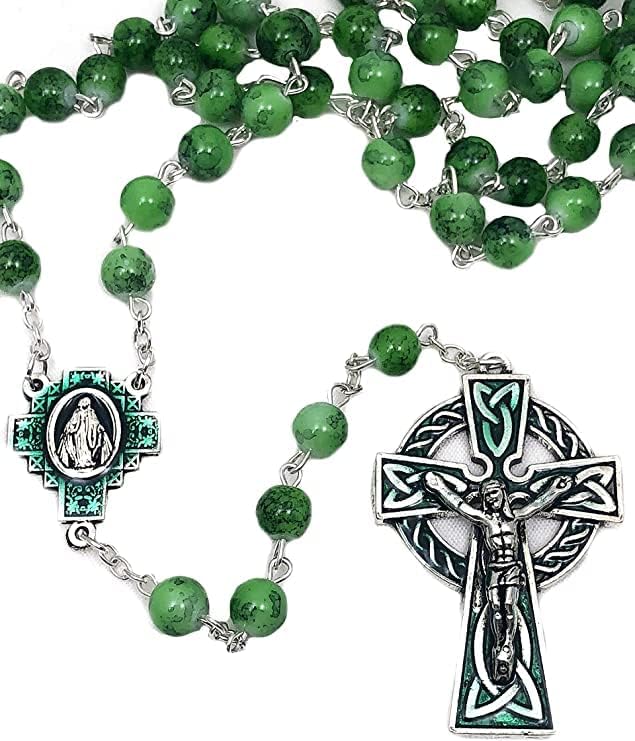 CB Catholic St Patrick Green Glass Marble Bead Rosary Gift Set - Image 3