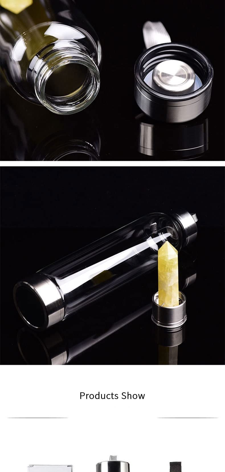 Bouteille d'eau Bouteille d'eau en Verre De Quartz, Bouteille Directe À Boire De Verre Verre Cristal Obélisque Wand Baguette Biberon Bouteille avec Corde