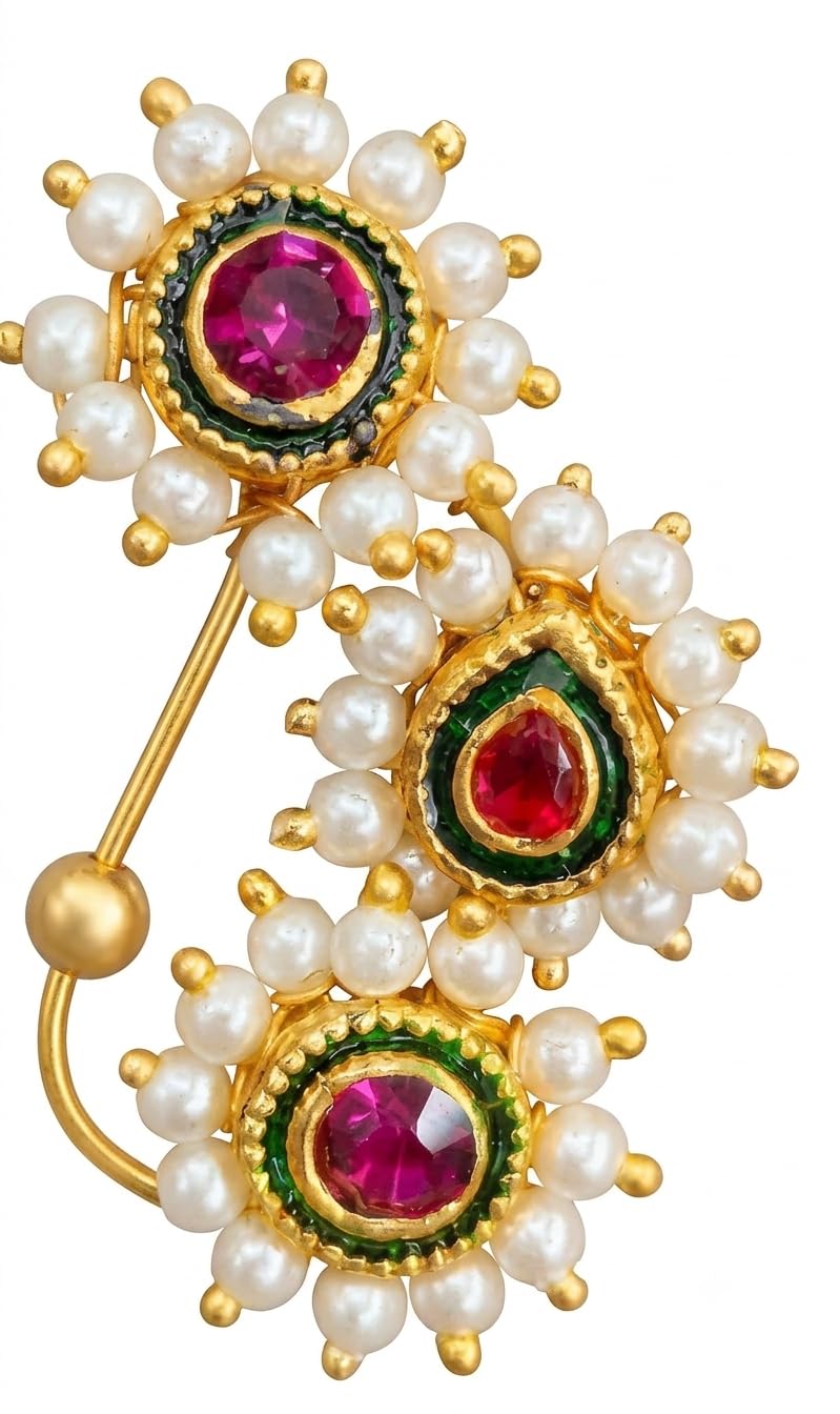Traditional Maharashtrian Banu Nath – Gold-Plated Pearl Nose Ring with Ruby & Emerald Stones (Press-on/Non-Pierced)-image-43