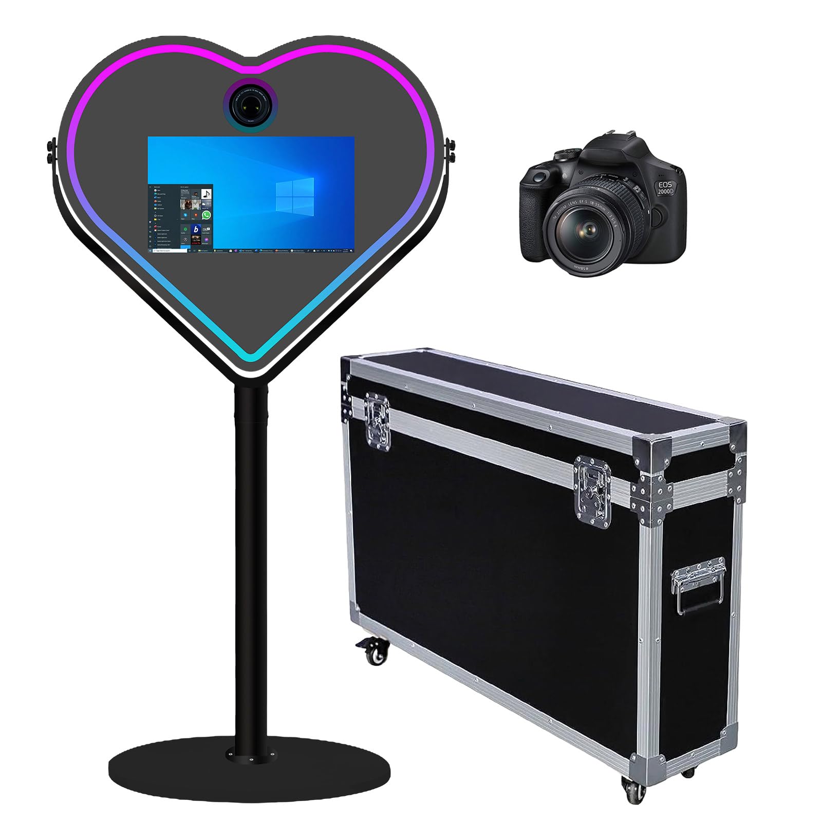 Heart-Shaped Mirror Photo Booth with RGB Light Selfie LED Frame Portable 21.5in Touch Screen Magic Mirror Booth Machine for Party Events Wedding (Black, Photo Booth+Camera)