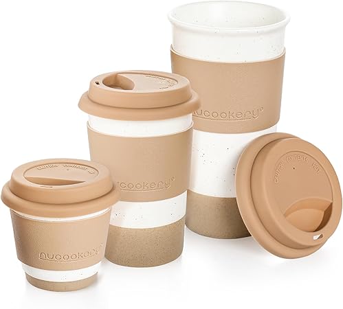 Nucookery Ceramic Travel Coffee Mug Set, Coffee Tumbler with Silicone Lid and Non-Slip Sleeve, Unique To Go Mug, Gifts for Women & Men, Microwave Safe Cappuccino, Tea, Latte, Iced-Coffee Cups, White
