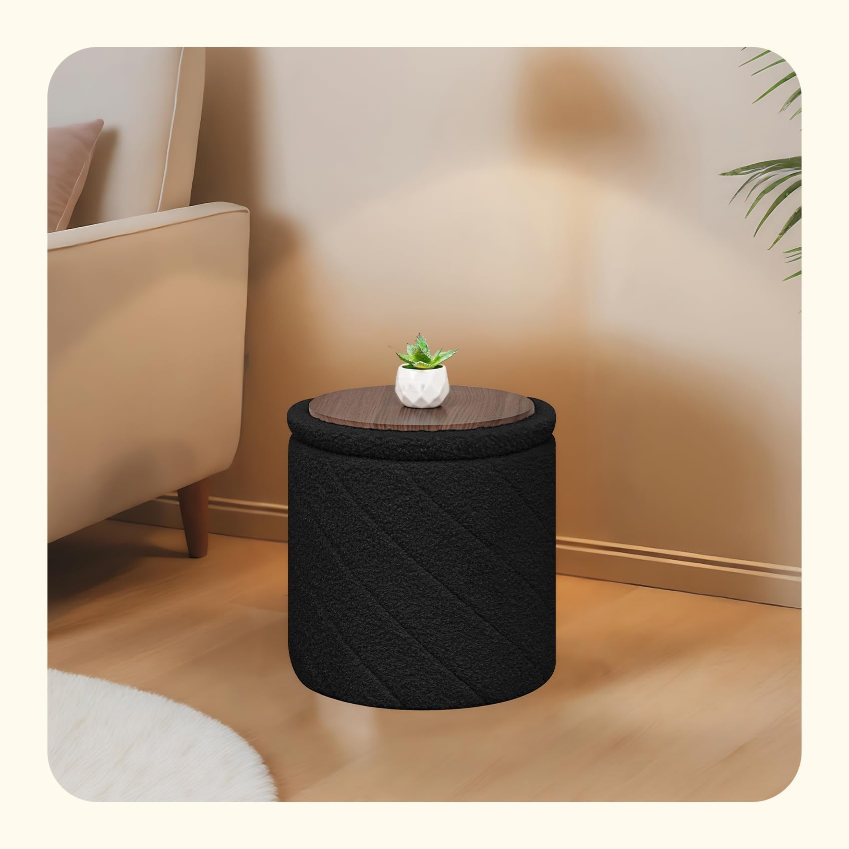 PINPLUS Pouf Contenitore Rotondo Pieghevole, in Teddy Bouclé, con Coperchio Ribaltabile come Tavolino, per Soggiorno e Camera, Ø 33 x 35 cm, Nero
