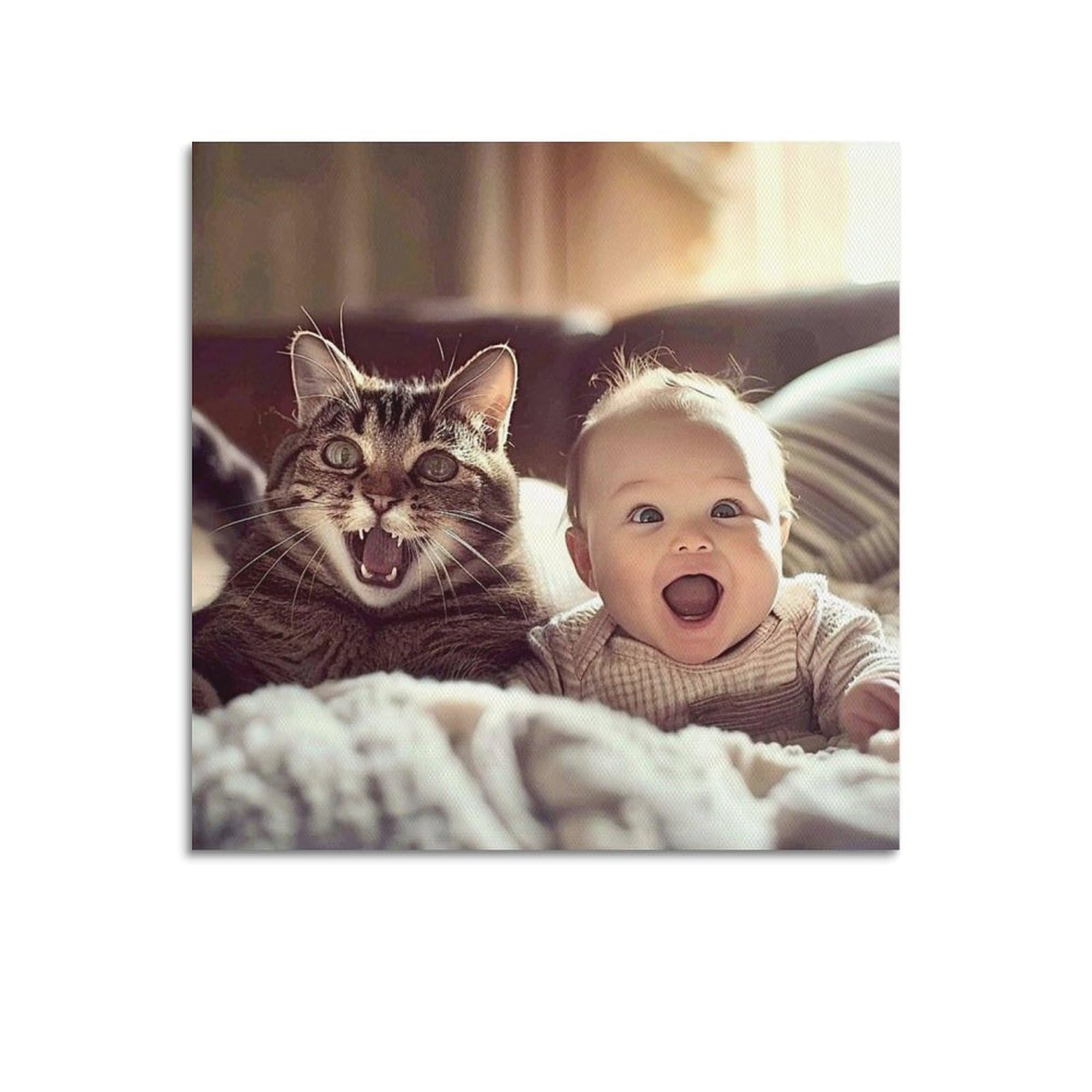 OKAHYS Cute Cat & Lovely Baby Artwork Poster Decorative Painting Canvas Wall Artworks Picture 28x28inch(70x70cm)