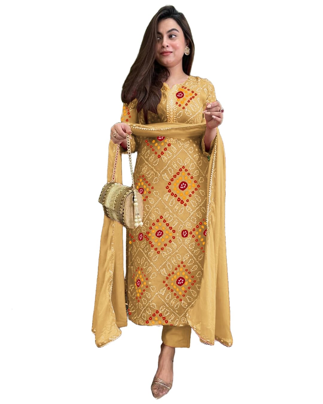 GoSriKi Ladies Viscose Rayon Printed Bandhej Straight with Trousers and Dupatta Kurta