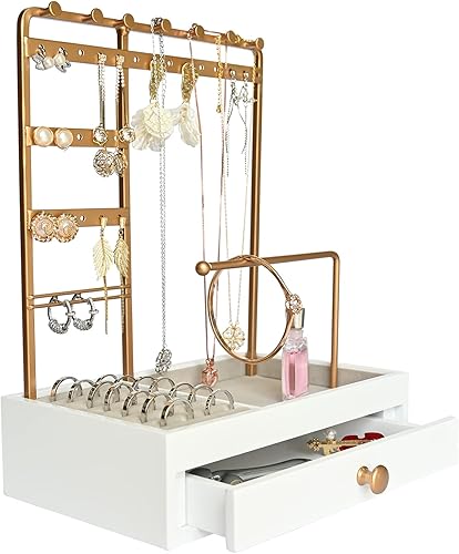 Miniatura 1 de Soporte organizador de joyas blanco para collares con cajones grandes de madera Soporte de joyería de metal dorado para colgar en el árbol collares