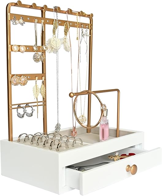 White Jewellery Organiser Stand for Necklaces Display with Large Storage Wooden Drawers. Gold Metal Jewellery Tree Holder Hanging Earring,Necklaces, Bracelet, Ear Studs, Ring. Perfect Girls Woman Gift