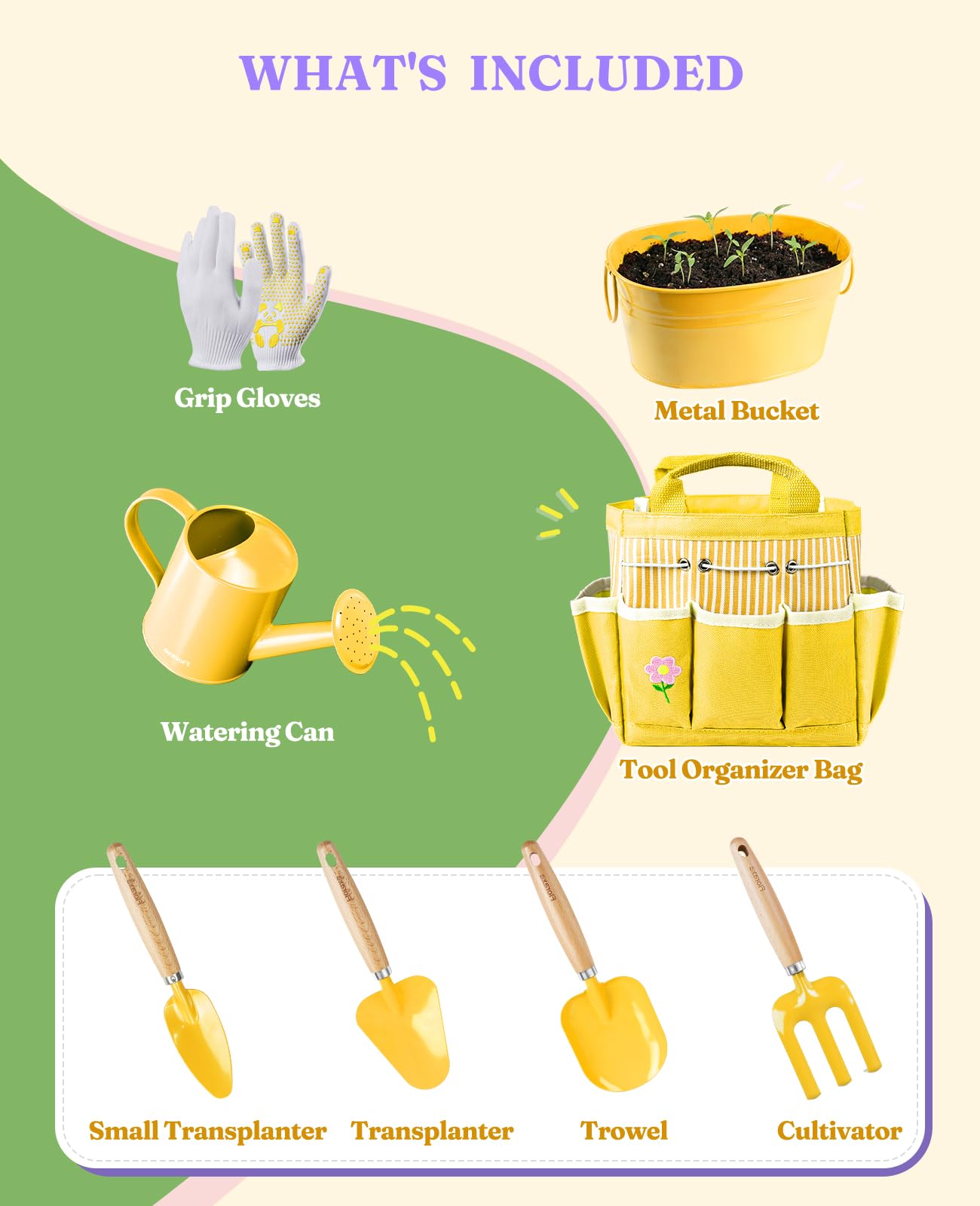 8-teiliges Garten-Set für Kinder mit Metallkorb – STEM-Outdoor-Set, ergonomische Holzgriffe, 3 Schaufeln, Rechen, Gießkanne, Handschuhe – Geschenk für Kleinkinder (Jungen & Mädchen), Gelb