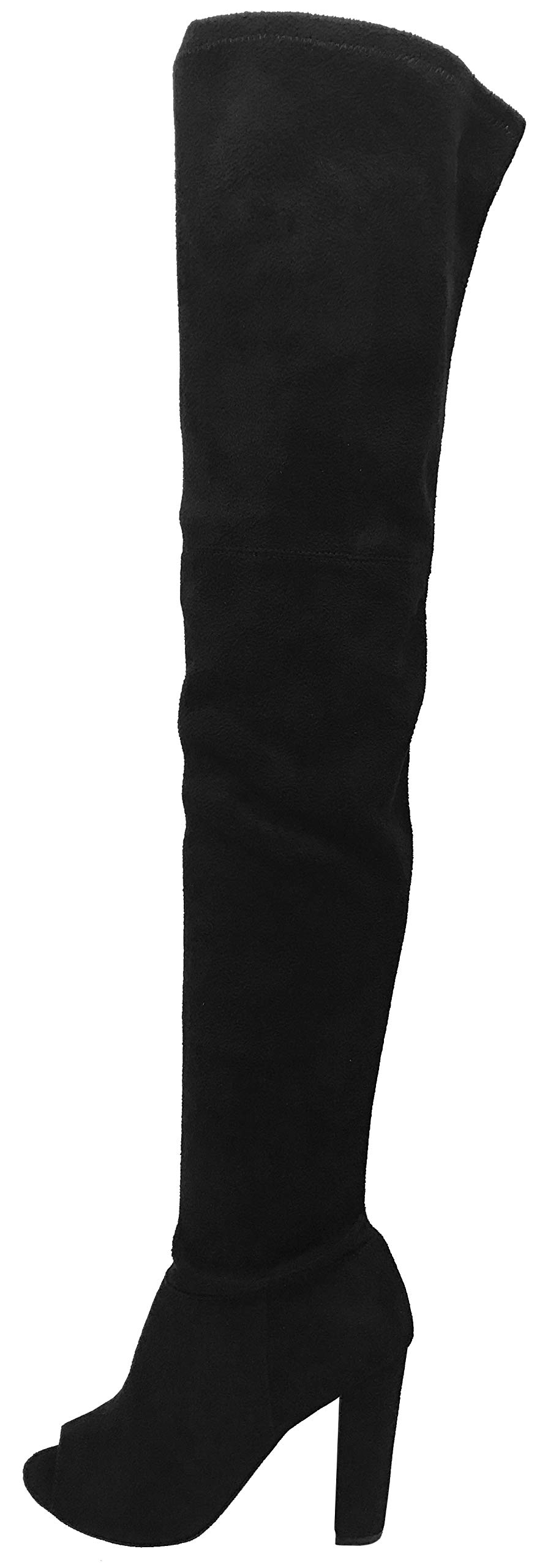 Wild DivaWomen Faux Suede Peep Toe Thigh High Chunky Heel Boot GA42 - Black (Size: 11)