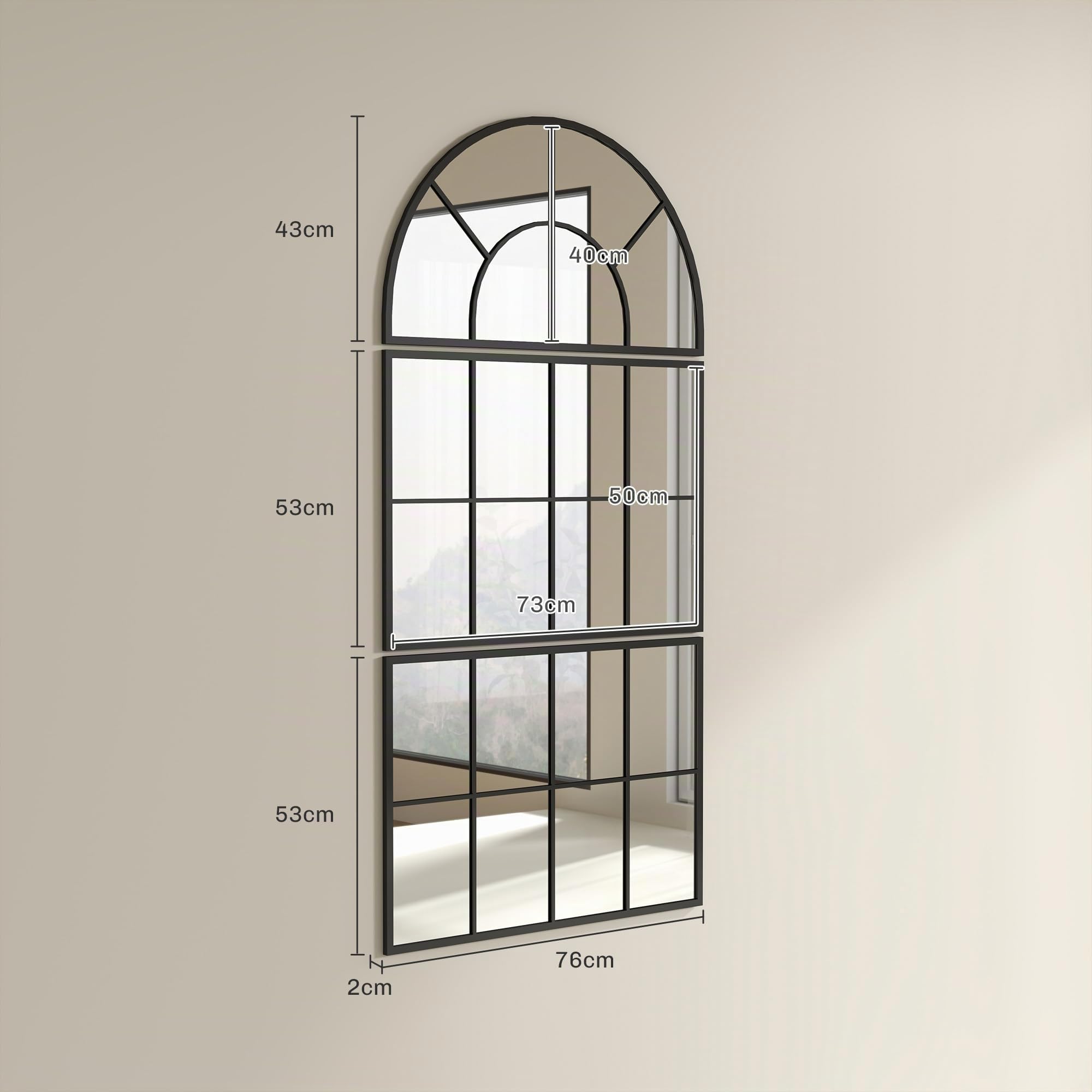 HOMCOM Espejo de Pared, 76x149 cm, 3 Piezas, Espejo de Recibidor con Marco de Metal en Forma de Ventana, Decoración para Salón, Dormitorio, Entrada, Negro
