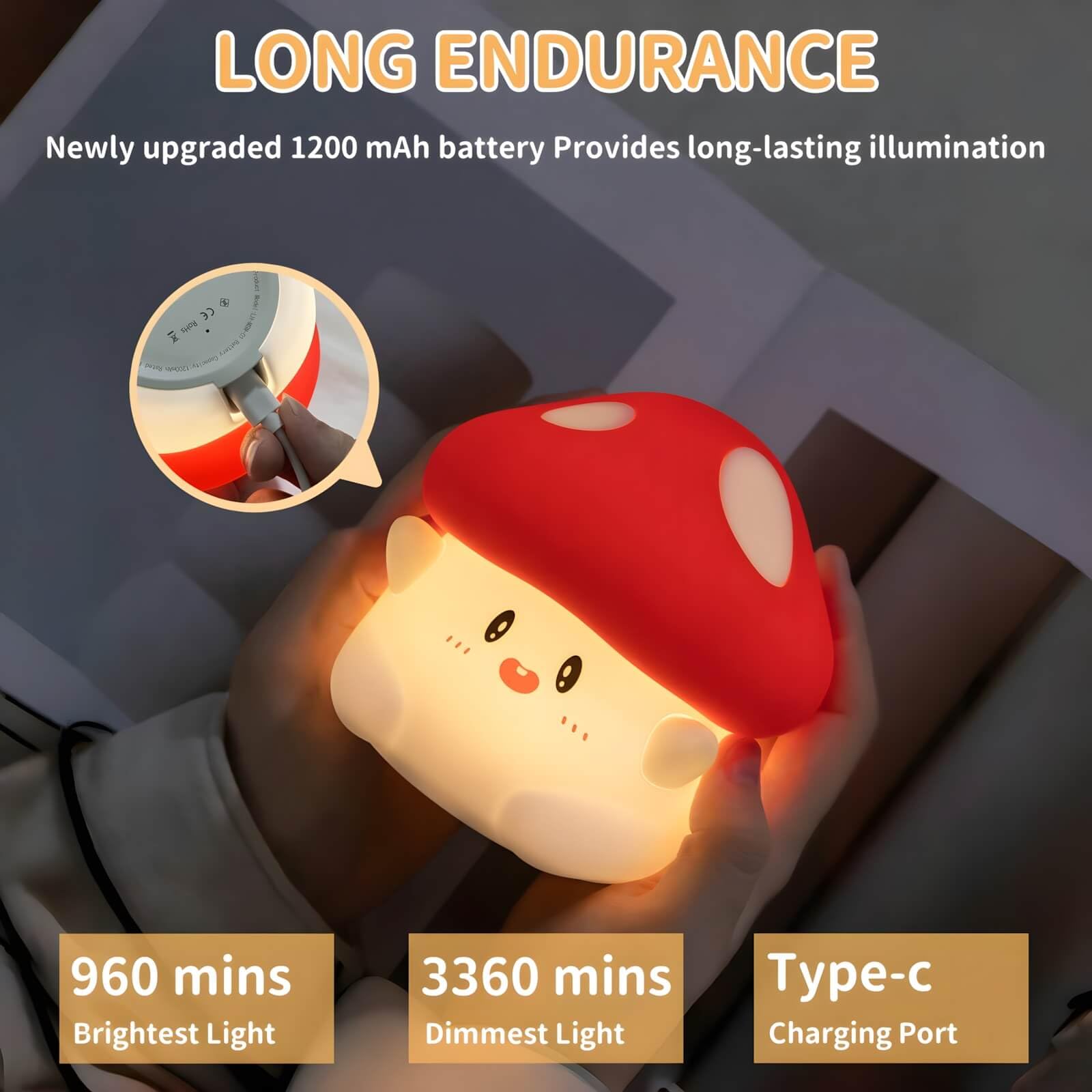 Lampada in silicone a forma di fungo, luce notturna a forma di fungo con timer, morbida luce dimmerabile per la cameretta dei bambini, luce notturna portatile a LED ricaricabile, decorazione