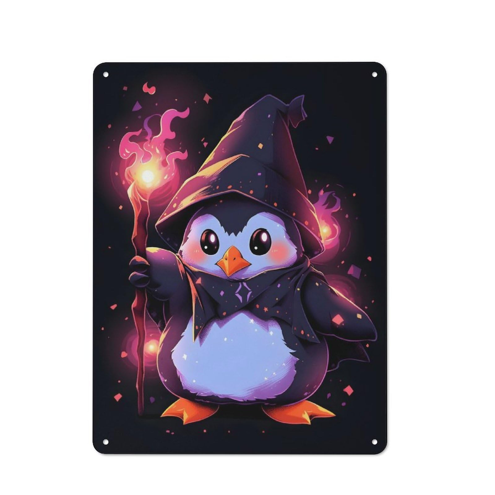 Junmoney Penguin Fire Wizard Classic Metal Wall Decor 40X30cm, Decorative Metal Sign For Workspace, Cafe, Shop Or Desk Area