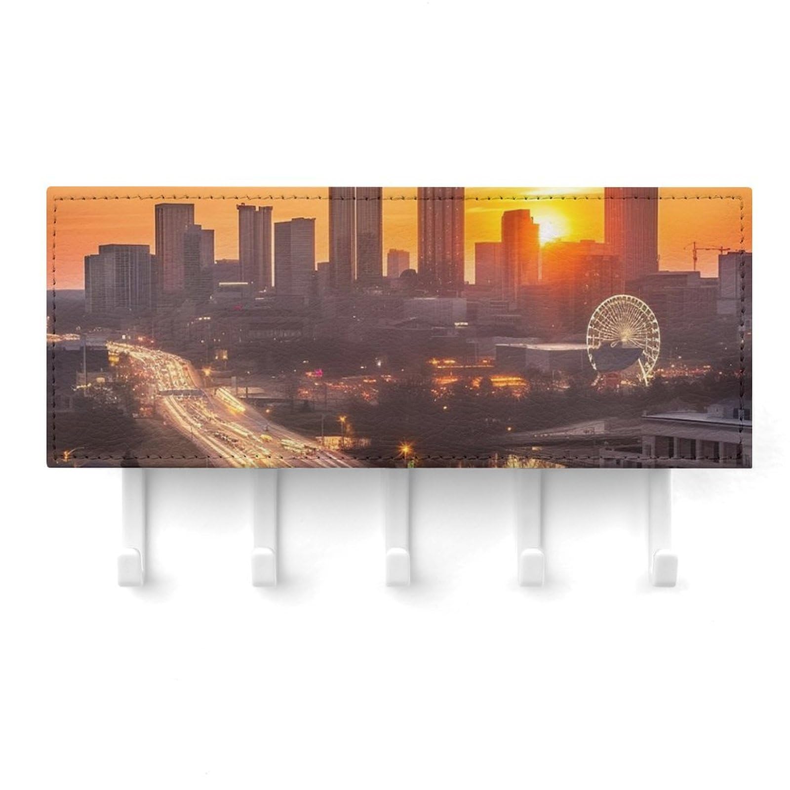 Fekiloot White Atlanta City Sunset Landscape Key Holder For Wall Adhesive, No Drilling, Key Hooks With 5 Hooks Wall Mounted, Self Adhesive Keys Rack For Entryway, Hallway, Living Room, Kitchen, Office
