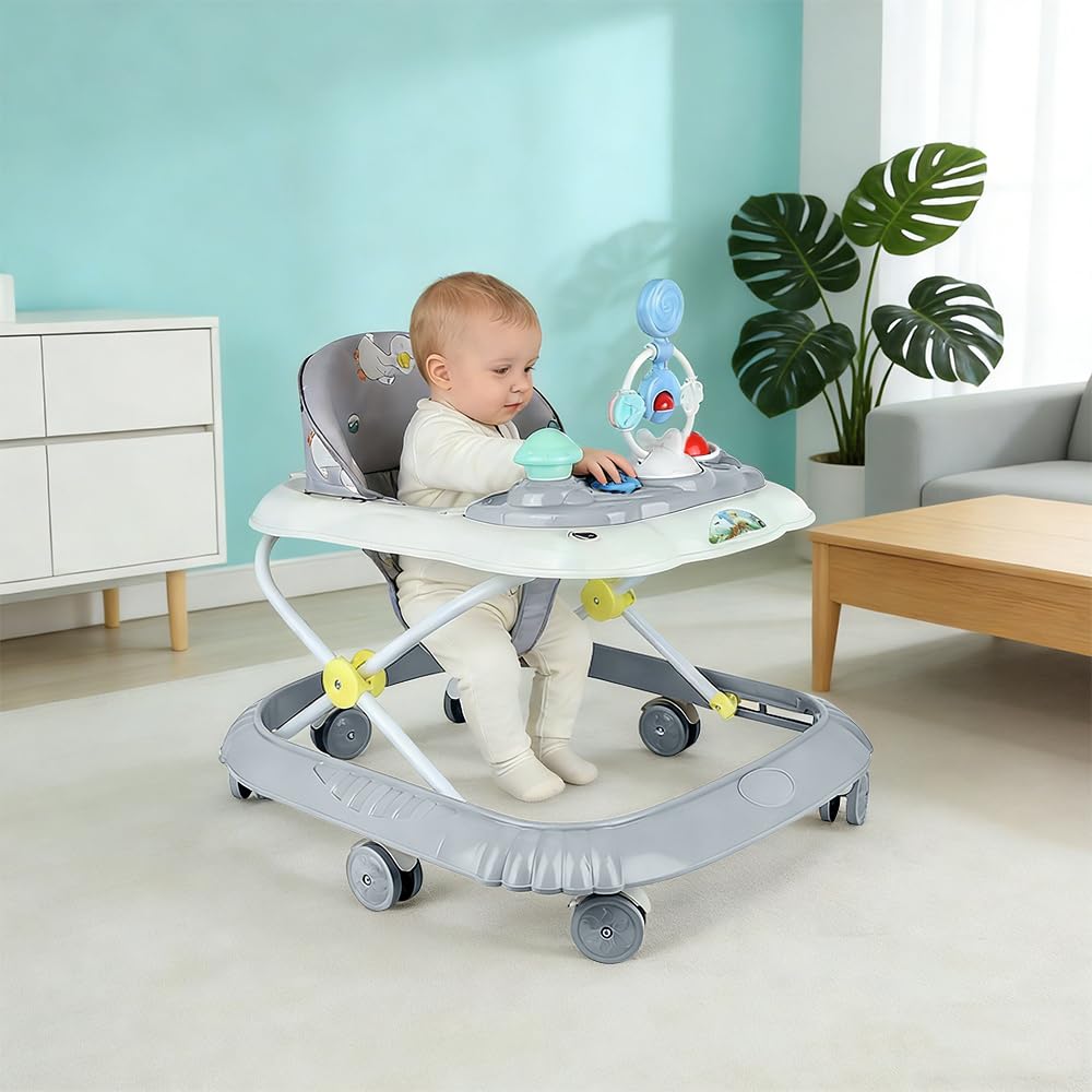 Girarrosto pieghevole per bambini, altezza regolabile, girello con musica, giocattolo per bambini (grigio, 67 x 72 x 92 cm)