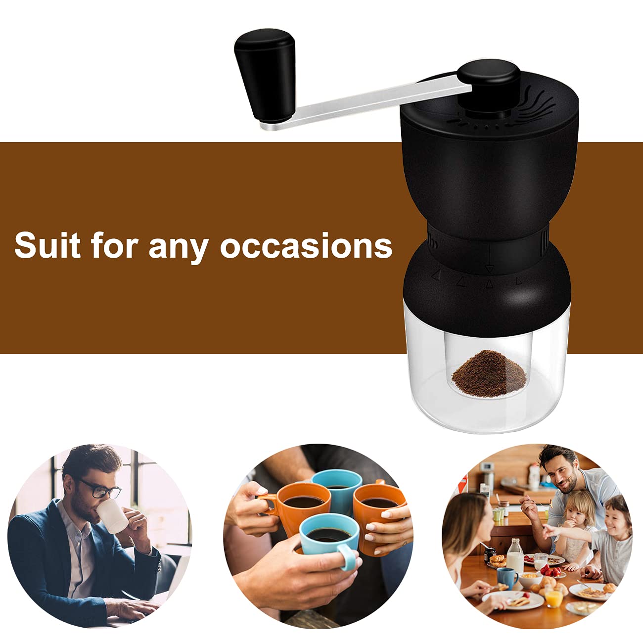 LHS Molinillo de café manual con rebabas de cerámica, molinillo de grano de café de mano con 2 recipientes de grosor ajustable para el hogar, la oficina y los viajes