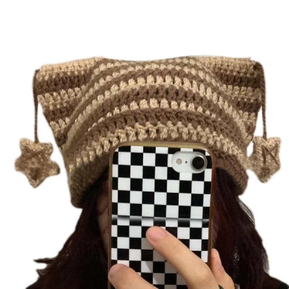 GenericCrochet Stripe Pattern Handmade Cat Ear Hat Soft Winter Warmer Knitted Hat Cold Winter Presents For Students Teenagers
