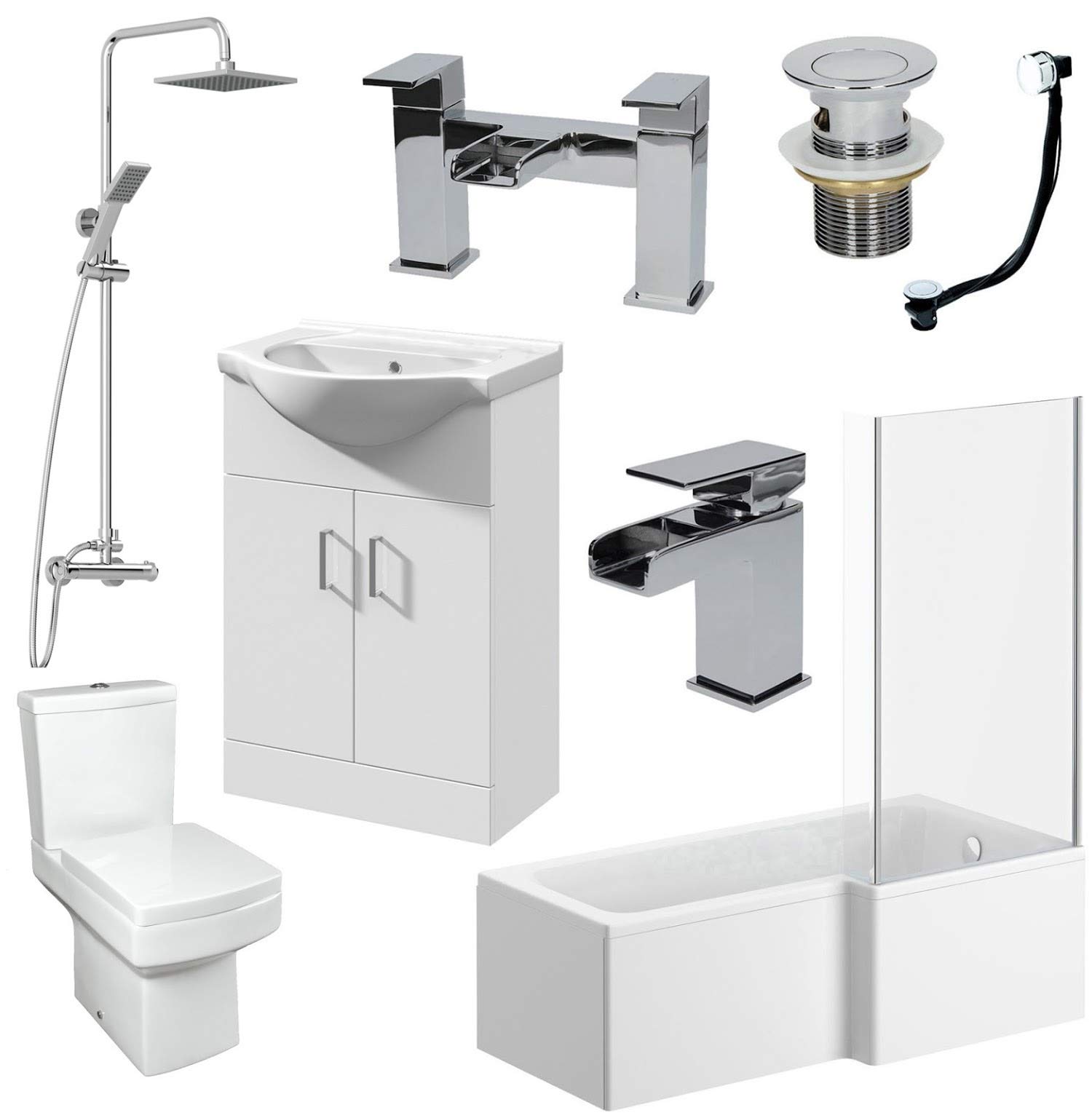 Affine Complete Bathroom Suite Right Hand L Shaped Shower Bath 550mm Basin Vanity Unit 2 Door Close Coupled Toilet Shower Tap Set