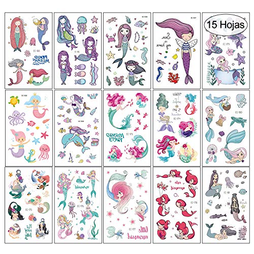 VEGCOO 15 Hojas Tatuajes Temporales Pegatinas Para Niños Niñas Sirena Unicornio Dibujos...