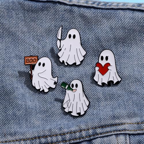 Image of Halloween Cute Ghost Brooches Lapel Pins for Women Funny White Love Heart Boo Ghost Pins Lapel Collar Jeans Hats Shirt Jackets Backpacks Badge Brooches Pins for Women Halloween Holiday Accessory Jewelry