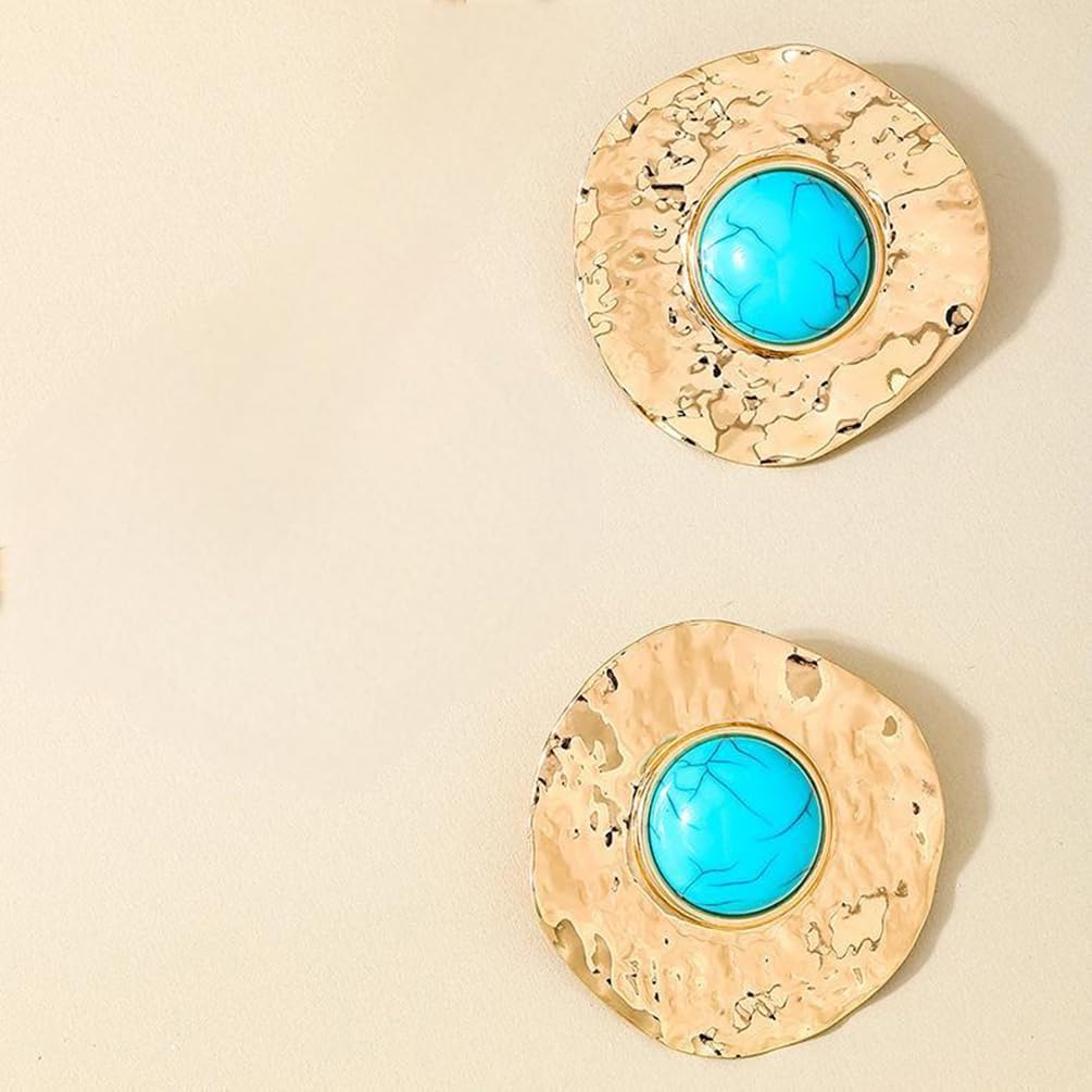 Chunky Gold Turquoise Earrings Dangling for Women Statement, Vintage Hammered Round Disc Small Turquoises Earring Western Jewelry Cowgirl Accessories - Image 9