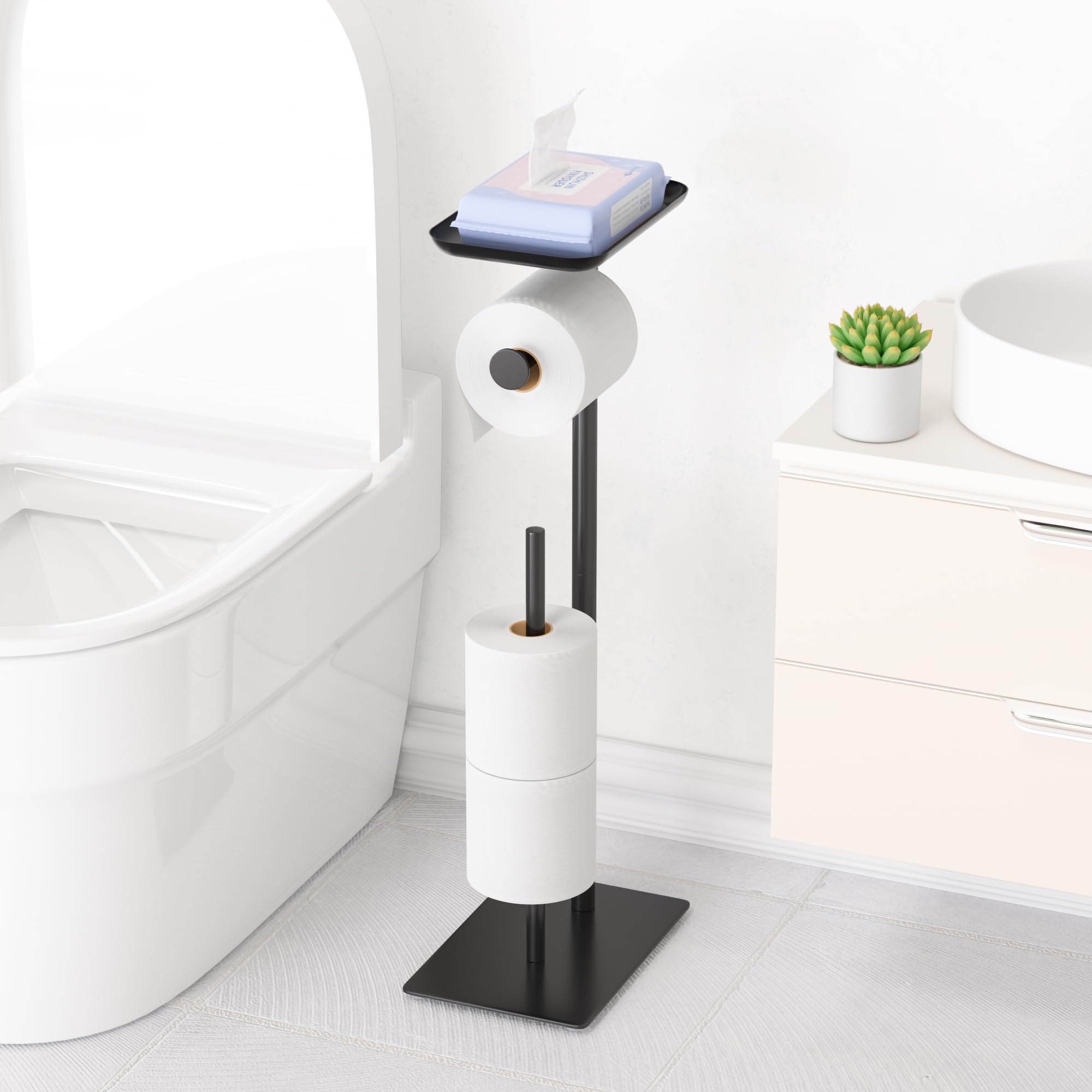 Free-Standing Toilet Roll Holder with Top Shelf, Holds 4 Rolls, Stainless Steel Bathroom Toilet Paper Dispenser - Image 2