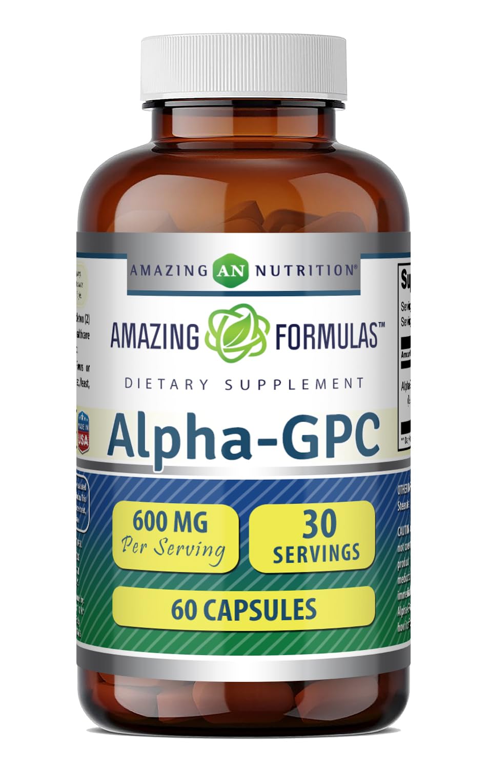 Amazing Formulas Alpha GPC Supplement | 600 Mg Per Serving | 60 Capsules | Non-GMO | Gluten Free | Made in USA 60 Count