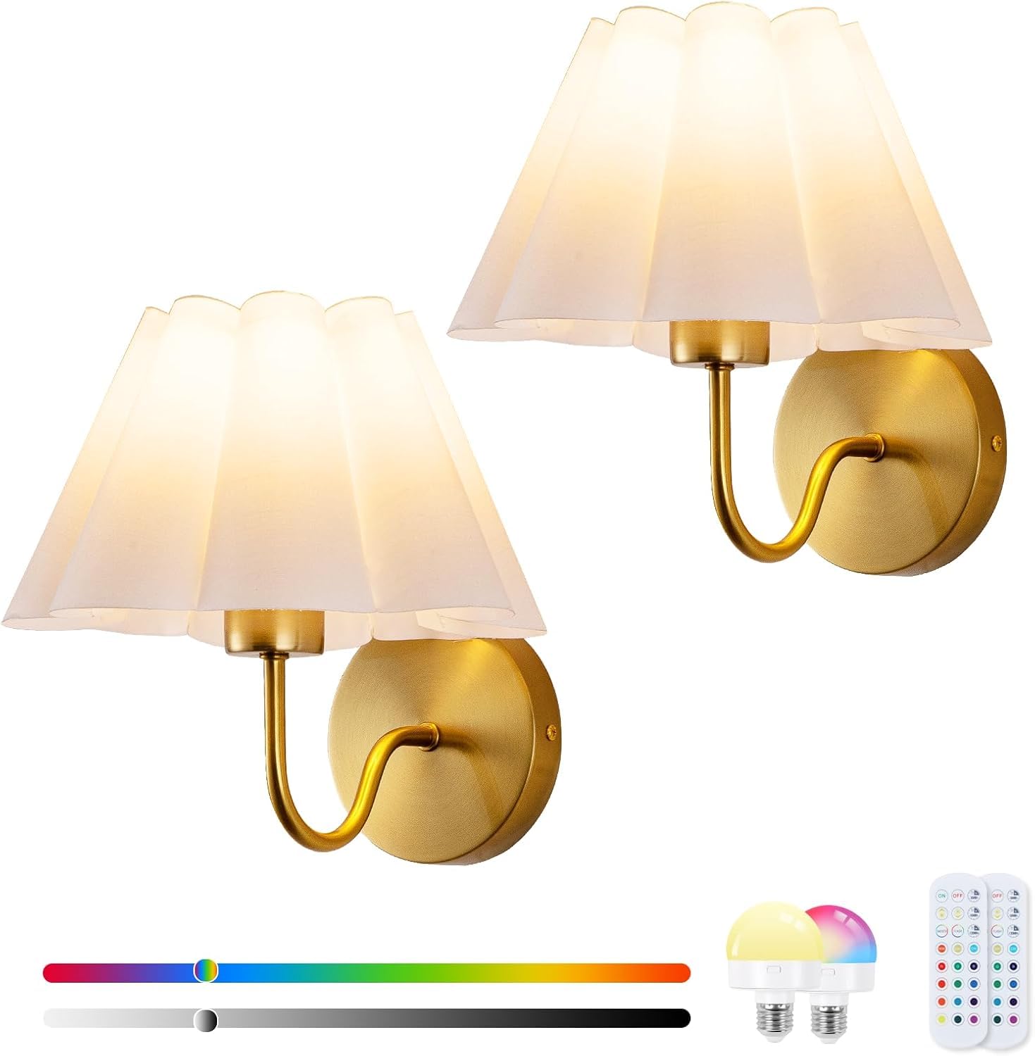 Applique da Parete per Interni Color Oro, Confezione da 2, Senza Fili, con Telecomando. Non Necessitano di Collegamento alla Rete elettrica. Illuminazione dimmerabile a Batteria. 3