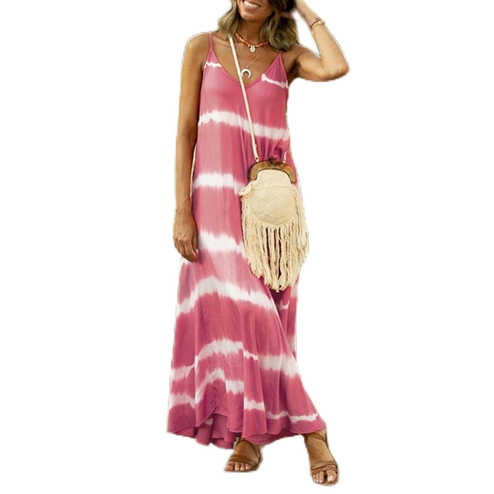 AYAZER Vestidos de Mujer Sueltos a Rayas sin Mangas con Volantes Maxi Vestido de Moda Diaria con Cuello en V Vestido de Verano Generoso sin Mangas