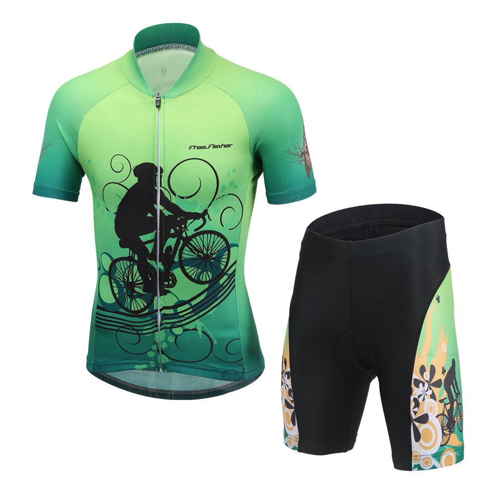 Ropa Conjunta de Ciclismo Bicicleta Maillot de Manga Corta + Pantalones Secado Rápido para Niños Niñas, Verde con Ciclista, 10-11 años/XL