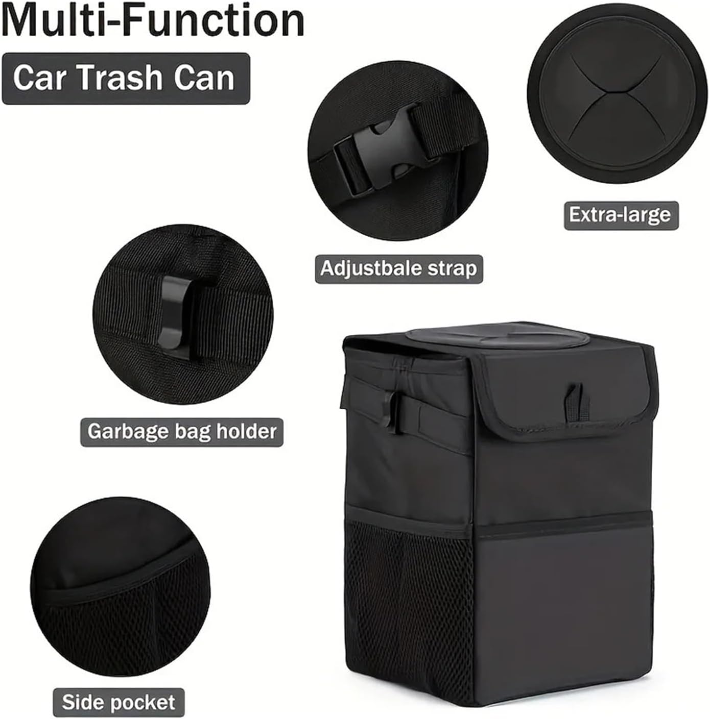 100% Leak-Proof Car Trash Can With Lid & Storage Pockets – Waterproof Multipurpose Organizer For Car Garbage (Trash Bin)
