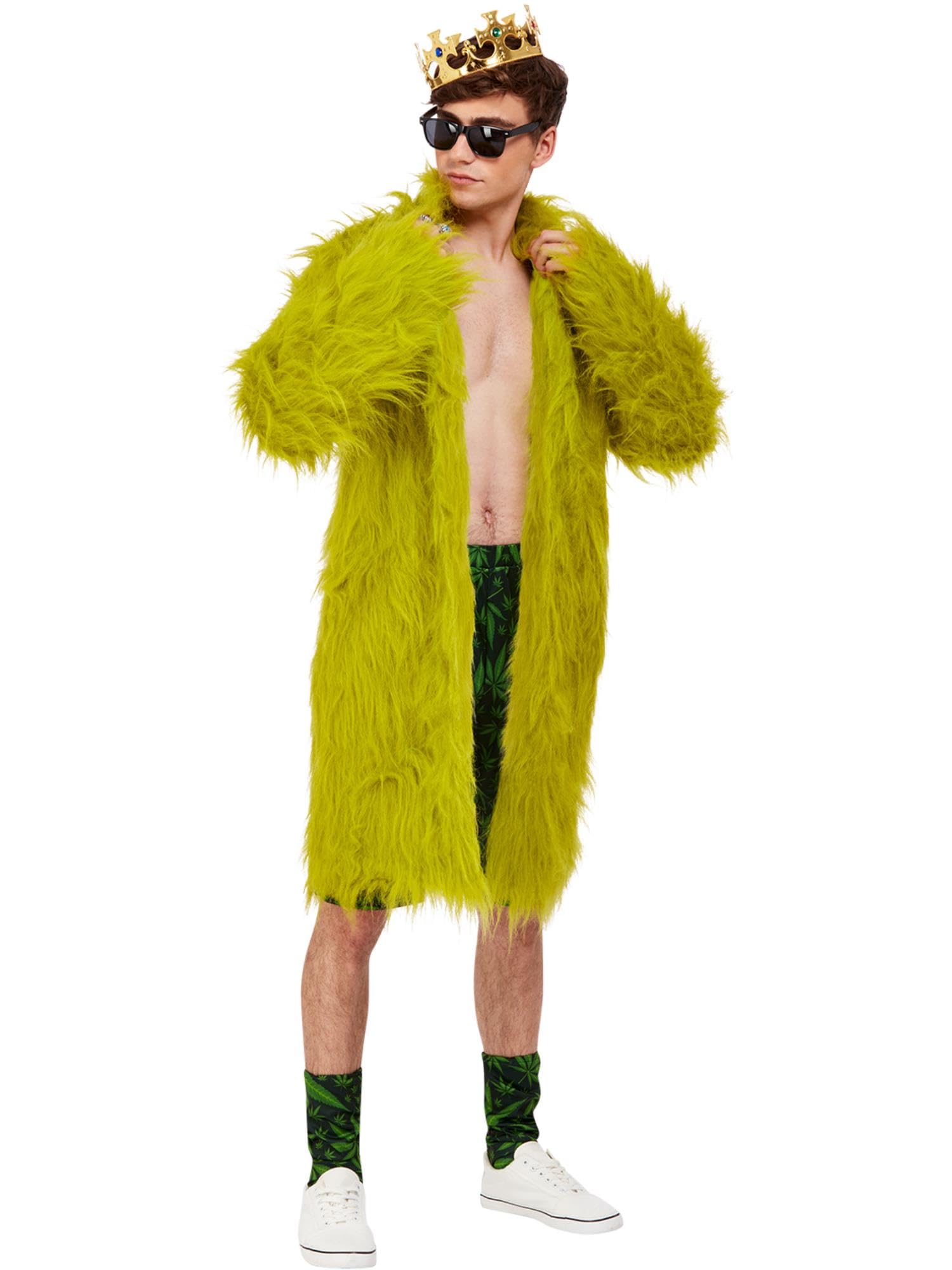 Smiffys Cannabis King Costume, Green Coat, Shorts, Socks & Crown, Funny Fancy Dress, Comedy Dress Up Costumes