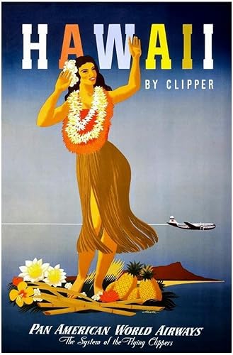 Hawaii by Clipper Hula Girl - Impresión vintage de viaje para playa, puesta de sol, palmeras, paisaje escénico, paisaje tropical, naturaleza,
