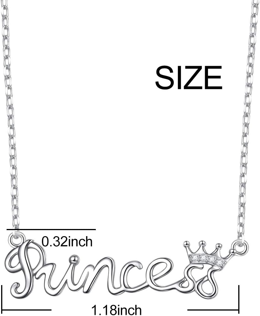Flyow 925 Sterling Silver White Cz Crown Princess/Queen Pendant Word Charm Necklace for Girlfriend Wife Daughter Granddaughter, 18 Inch + 2 Inch
