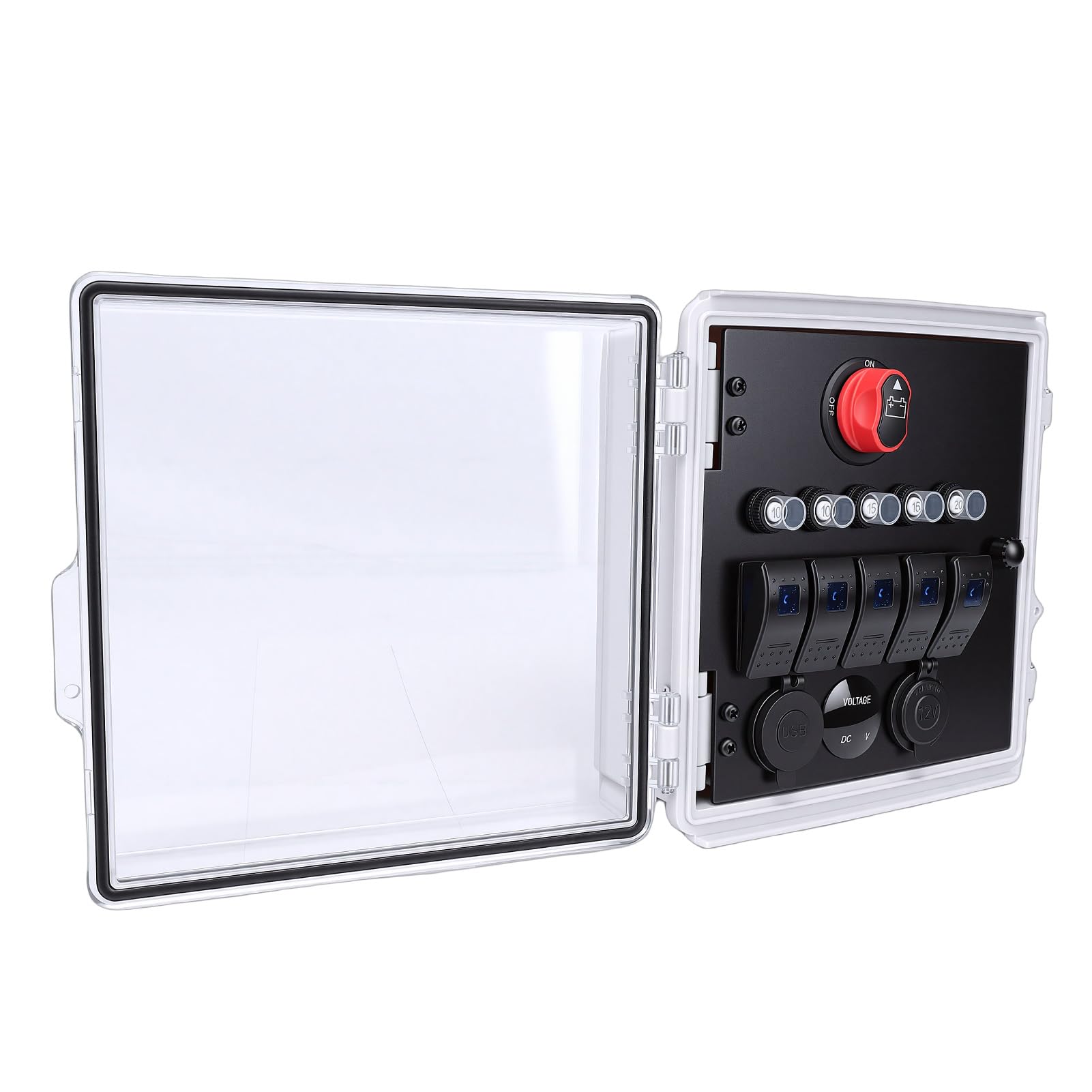 Schalterfeld 5-fach mit USB Ladegerät und Voltmeter, wasserdichte Schaltbox IP67, 3-Positions Kippschalter mit LED Anzeige für LKW Wohnmobil Boot Outdoor Camping