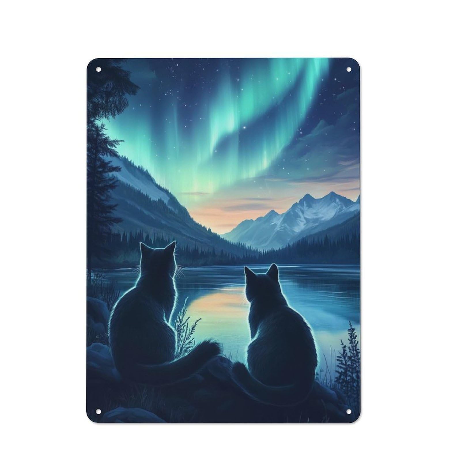 Junmoney Cats Under Aurora Borealis Northern Lights Retro Metal Wall Sign 40X30cm With For Café Or Home Bar, For Cooler-Season Styling In Café And Home Bar