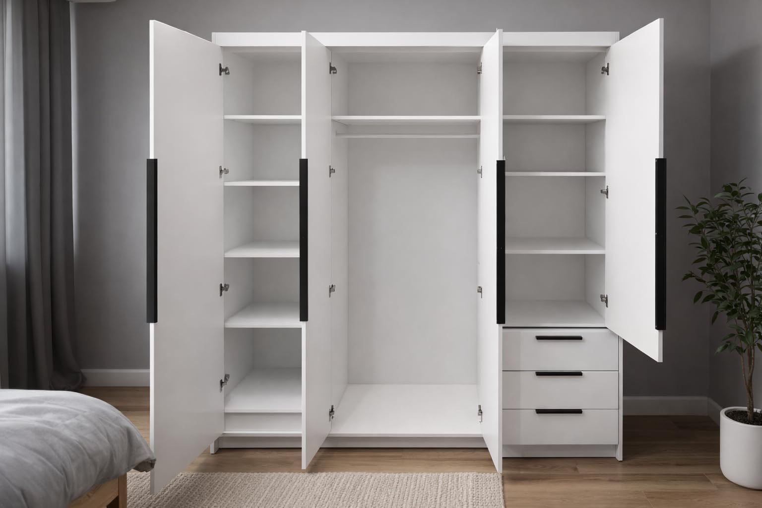 A&J MöbelLand KLARI Kleiderschrank 4-türig mit 3 Schubladen – 200 x 215 cm – Drehtürenschrank mit Kleiderstange und Einlegeböden