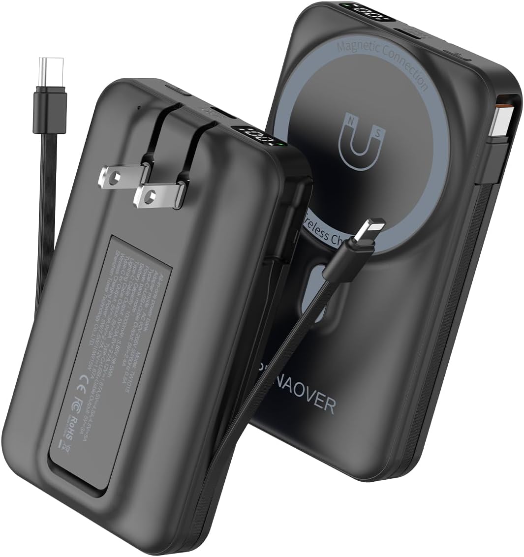 for Magsafe Magnetic Portable Charger, 10000mAh Wireless Power Bank with Built-in Cable & AC Wall Plug, Battery Pack PD 22.5W with Stand, LED Display for iPhone 17/16/15/14/13 Series, Samsung, Pixel