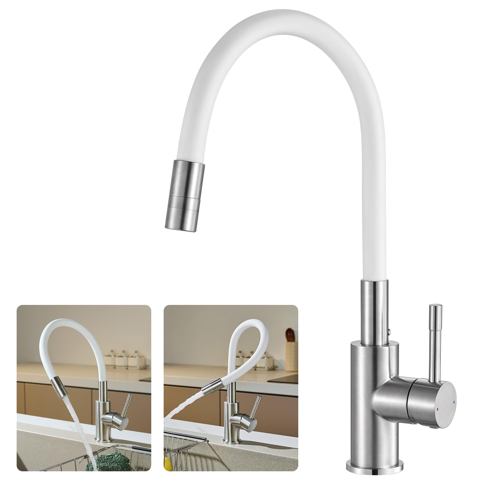 CECIPA Robinet de Cuisine Flexible, Mitigeur Cuisine Blanc Flexible Acier en Inoxydable 304, Mitigeur 2 Jets Mousse/Pulvérisation Pivotant 360°, Robinet d'Évier Haute Pression Économie d'Eau 40%