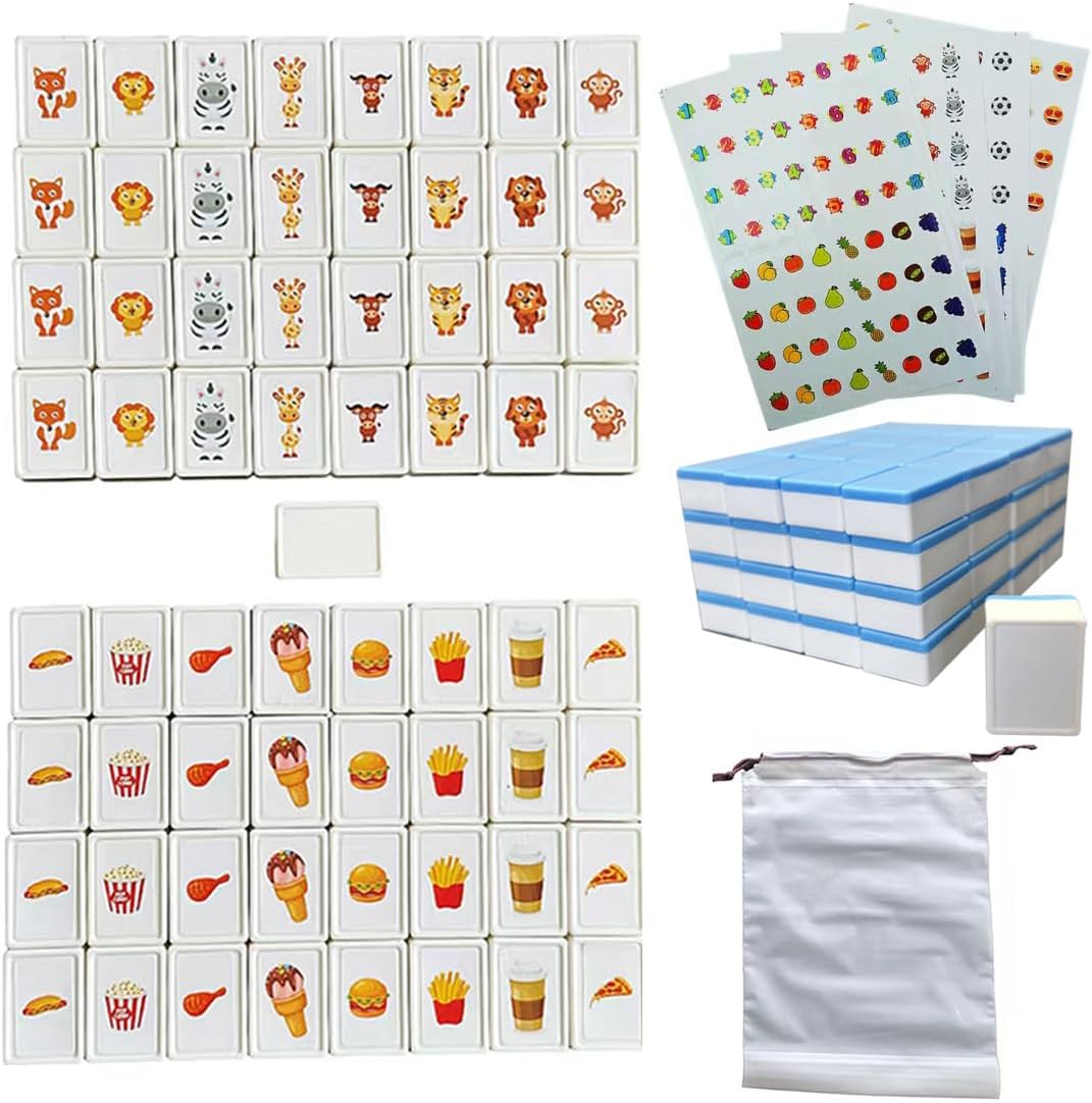 Simple Packaging, 65 Tiles 30mm Seaside Game Blocks, Plastic Material, Escape Game Set, with 4 DIY Stickers, Plastic Mahjong Style, Family Board Games for Kids and Adults (Blue)