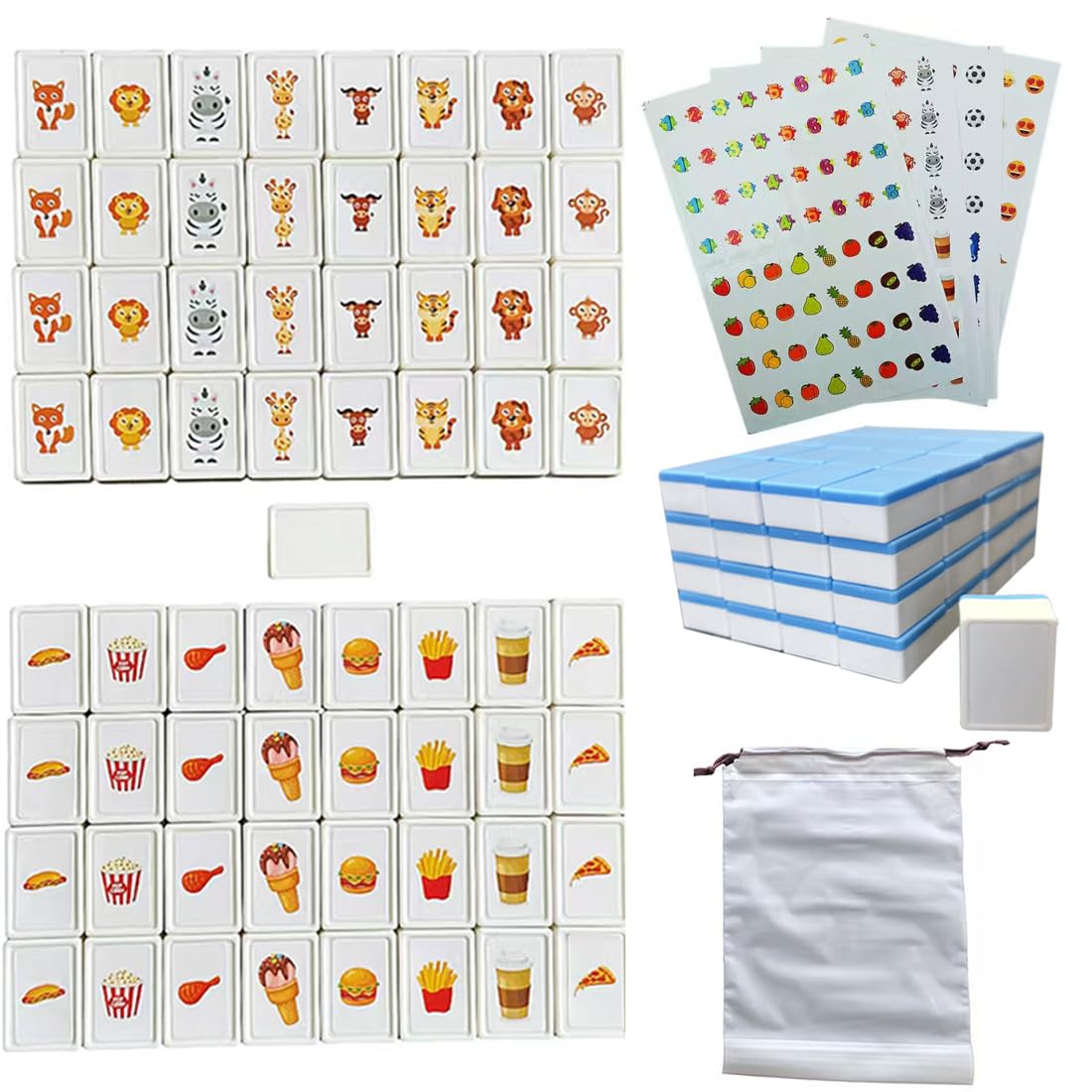 Simple Packaging, 65 Tiles 30mm Seaside Game Blocks, Plastic Material, Escape Game Set, with 4 DIY Stickers, Plastic Mahjong Style, Family Board Games for Kids and Adults (Blue)