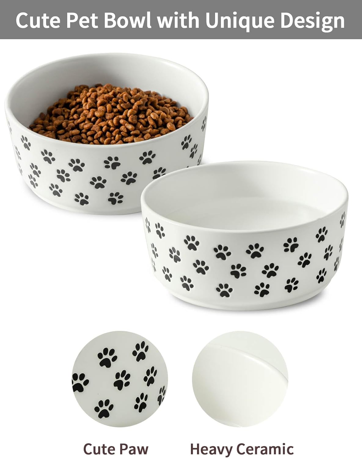 UBEE 6.5 inch Dog Bowls Set of 2, Ceramic Dog Food Water Bowl Dish with Paw Pattern, Pet Food Water Dishes Feeding for Small and Meidum Dogs and Large Cat, White
