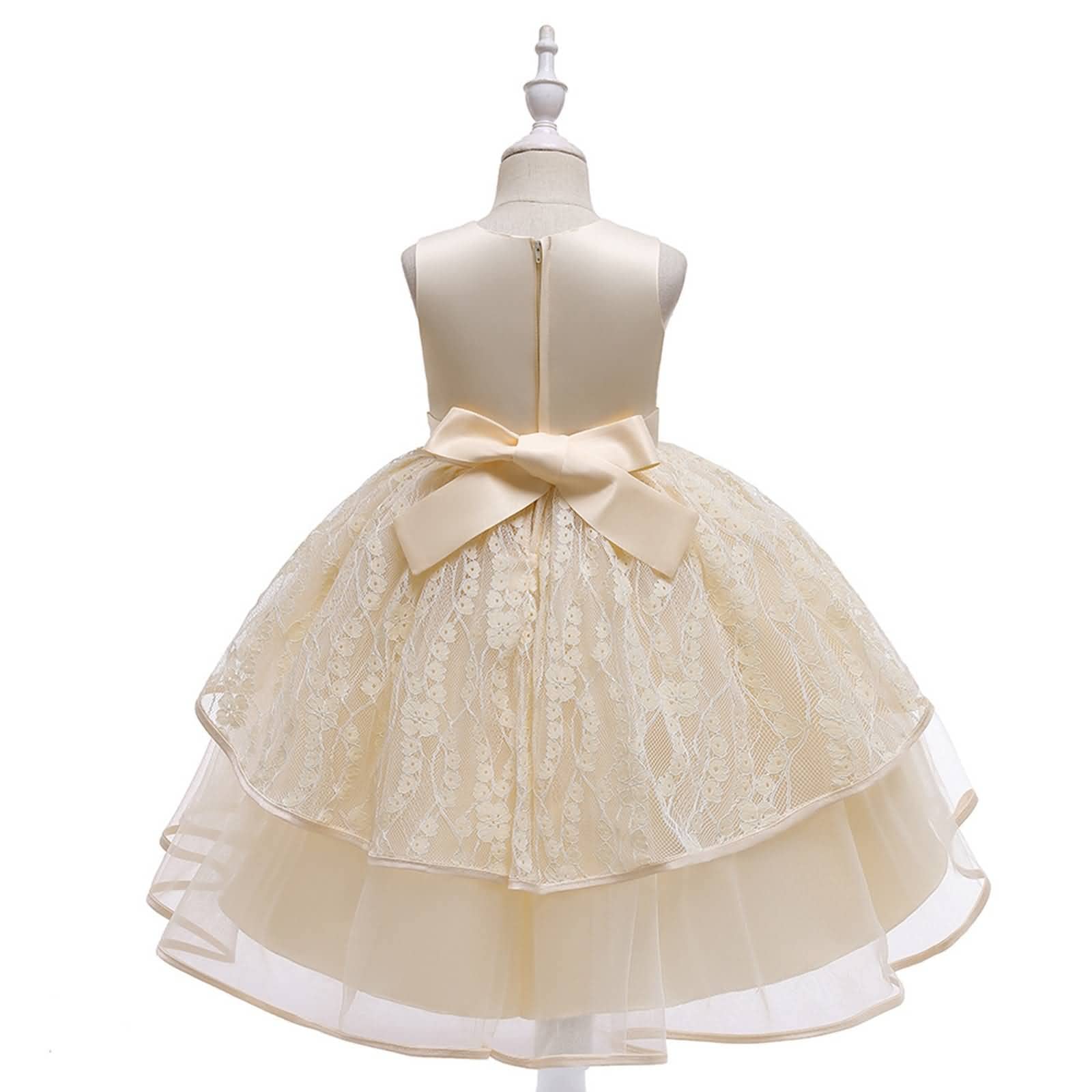Gualiy Vestido de baile para niñas, vestido de fiesta para niñas de 4 a 10 años, vestido de tul de encaje champán con cuentas y lazo en la cintura sin mangas