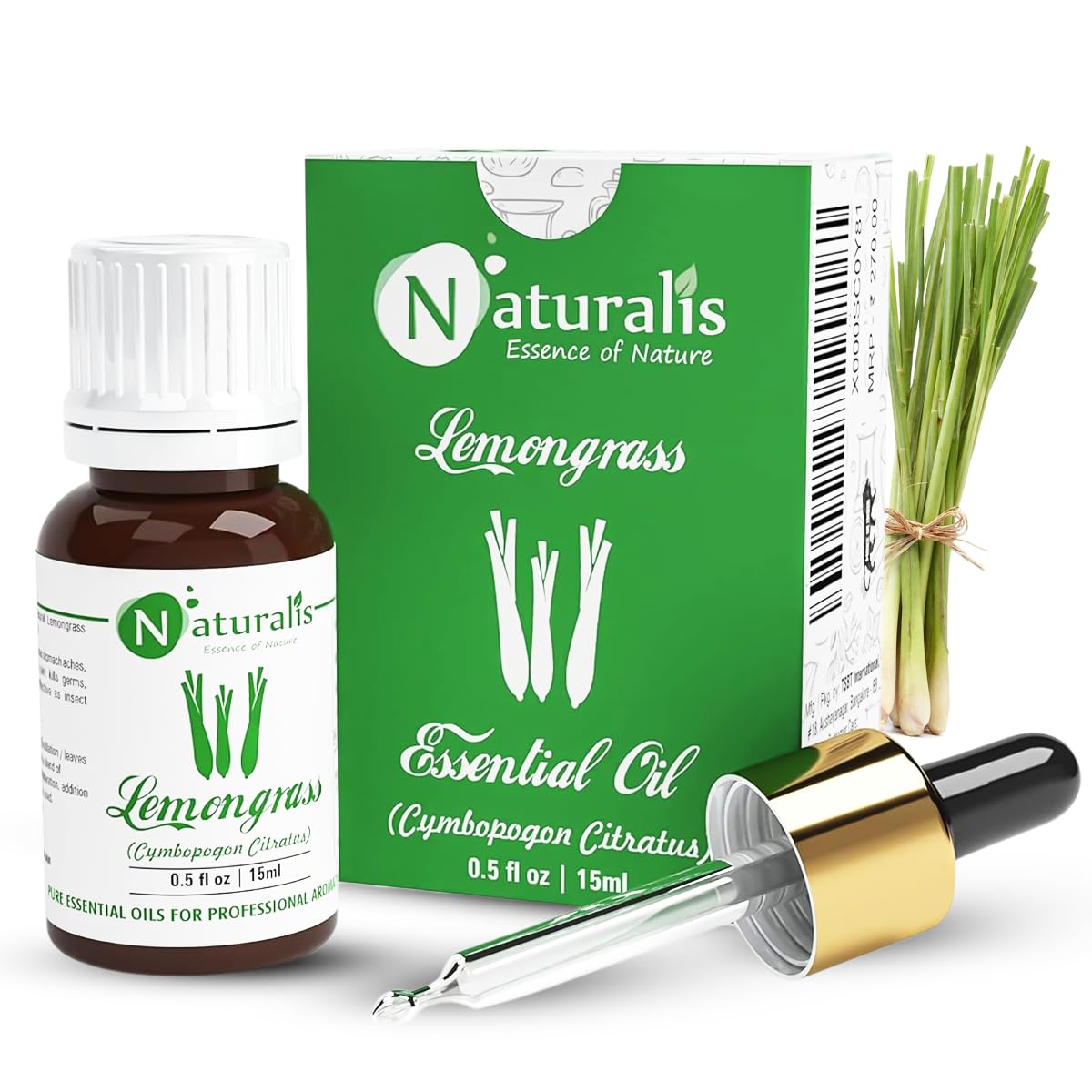 Naturalis Lemon Grass Oil - Pure and Undiluted Lemongrass Essential Oil for Aromatherapy, Skin and Hair Care, and Effective Insect Repellent - 15ml