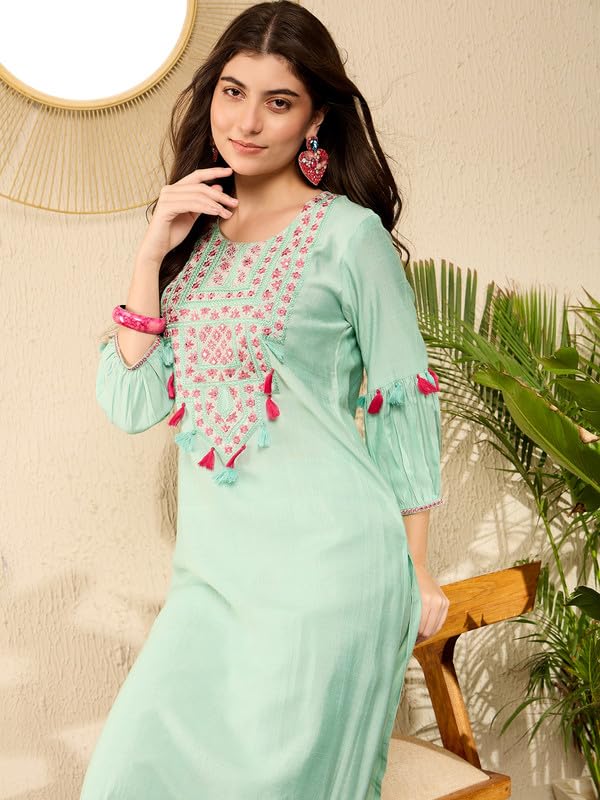 Image of Vaamsi Women's Rayon Solid Straight Embroidered Kurta Salwar Set With Tassels