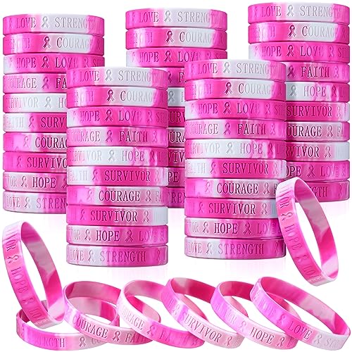Liliful Breast Cancer Awareness Bracelet Pink Ribbon Silicone Bracelets Engraved 6 Words Hope Faith Courage Survivor Love Strength Wristbands Breast Cancer Awareness Accessories