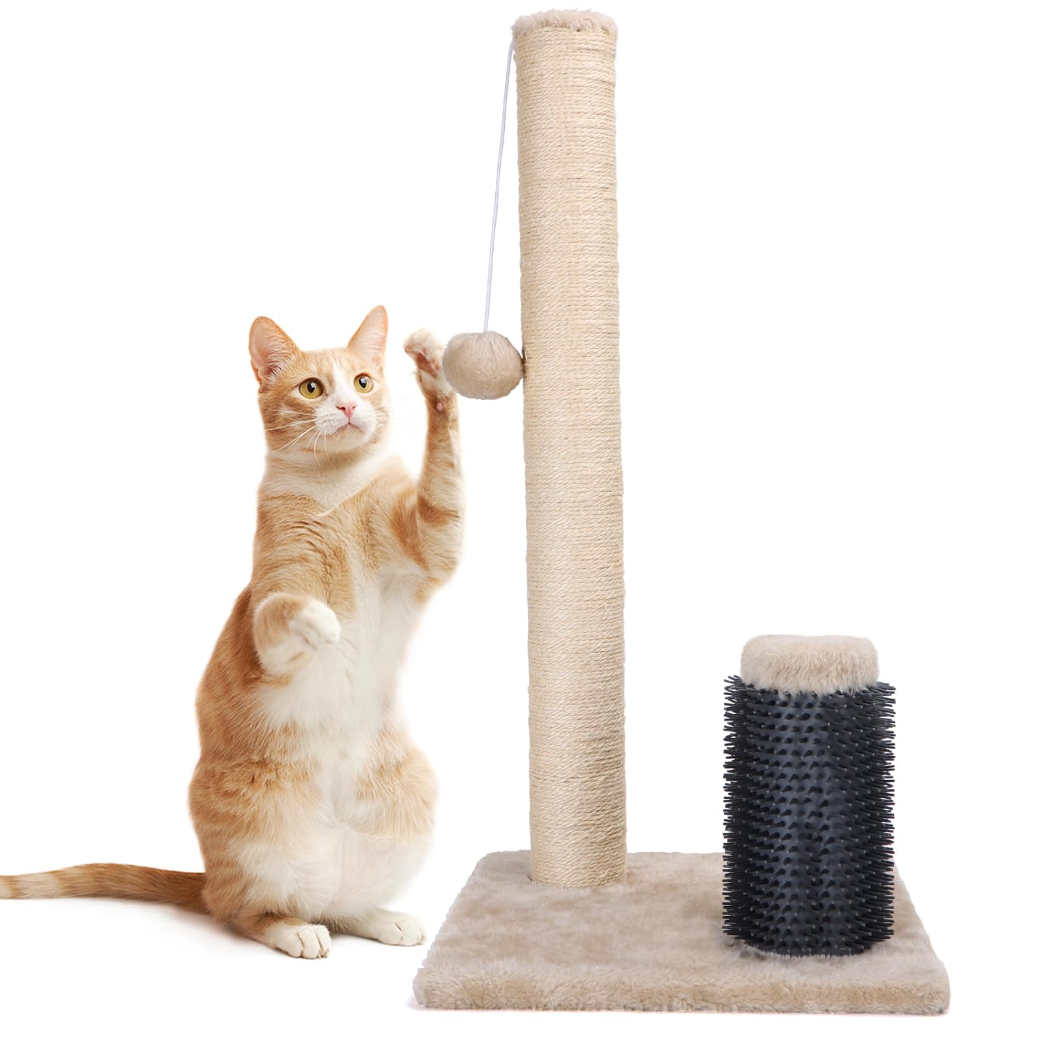 Nobleza Rascador para Gatos, Poste de Rascador para Gatos, Cuerda de Sisal Natural con Bolas Juguete y Peine de Silicona para Gatos, 60x30x30cm Color Beige